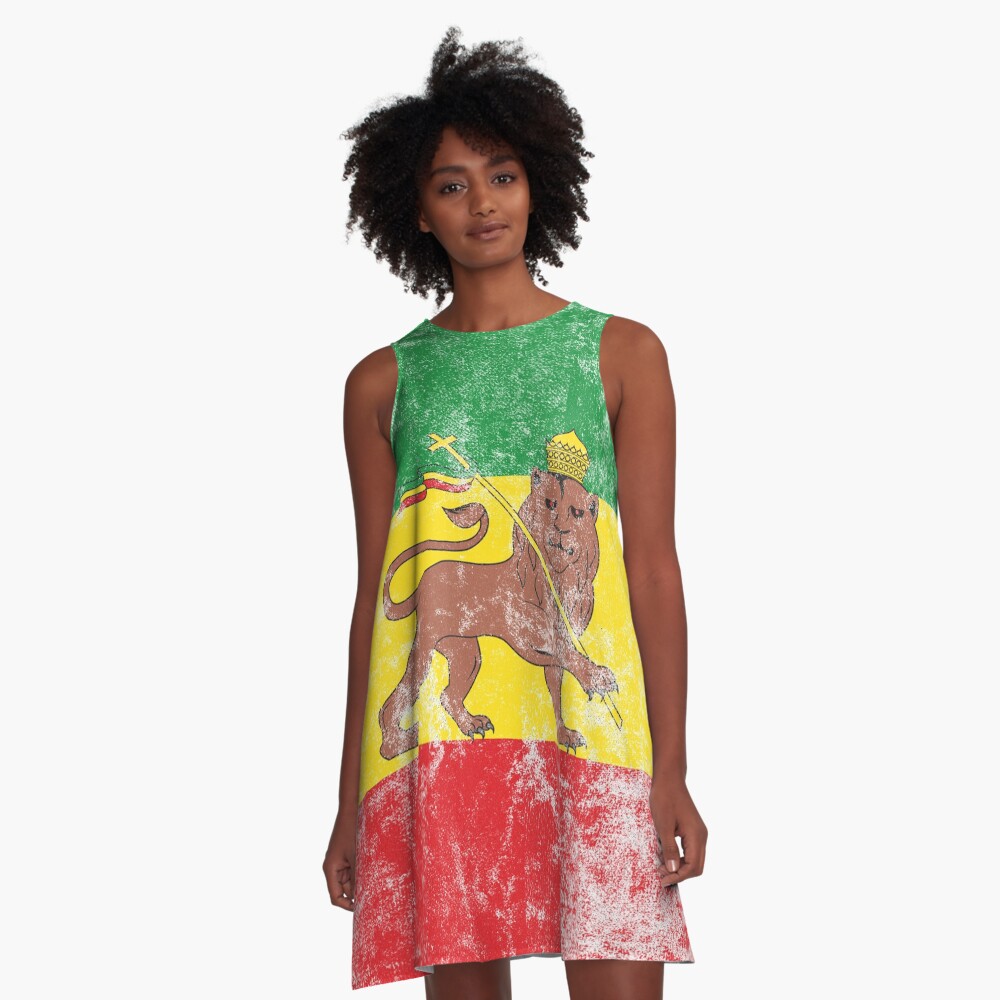 Old Flag of Ethiopia Lion of Judah Rastafarian Reggae Vintage Distressed Print A-Line Dress