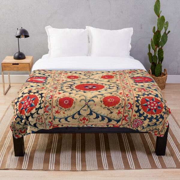 Samarkand Suzani Bokhara Uzbekistan Floral Embroidery Print Throw Blanket