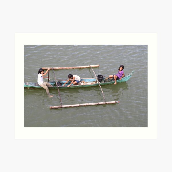 Children in a fishing boat Art Print