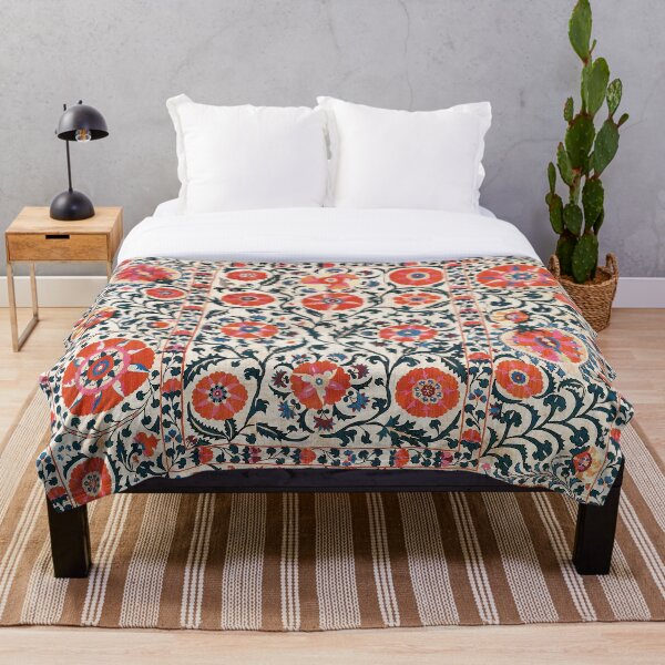 Shakhrisyabz Suzani Uzbekistan Antique Floral Embroidery Print Throw Blanket