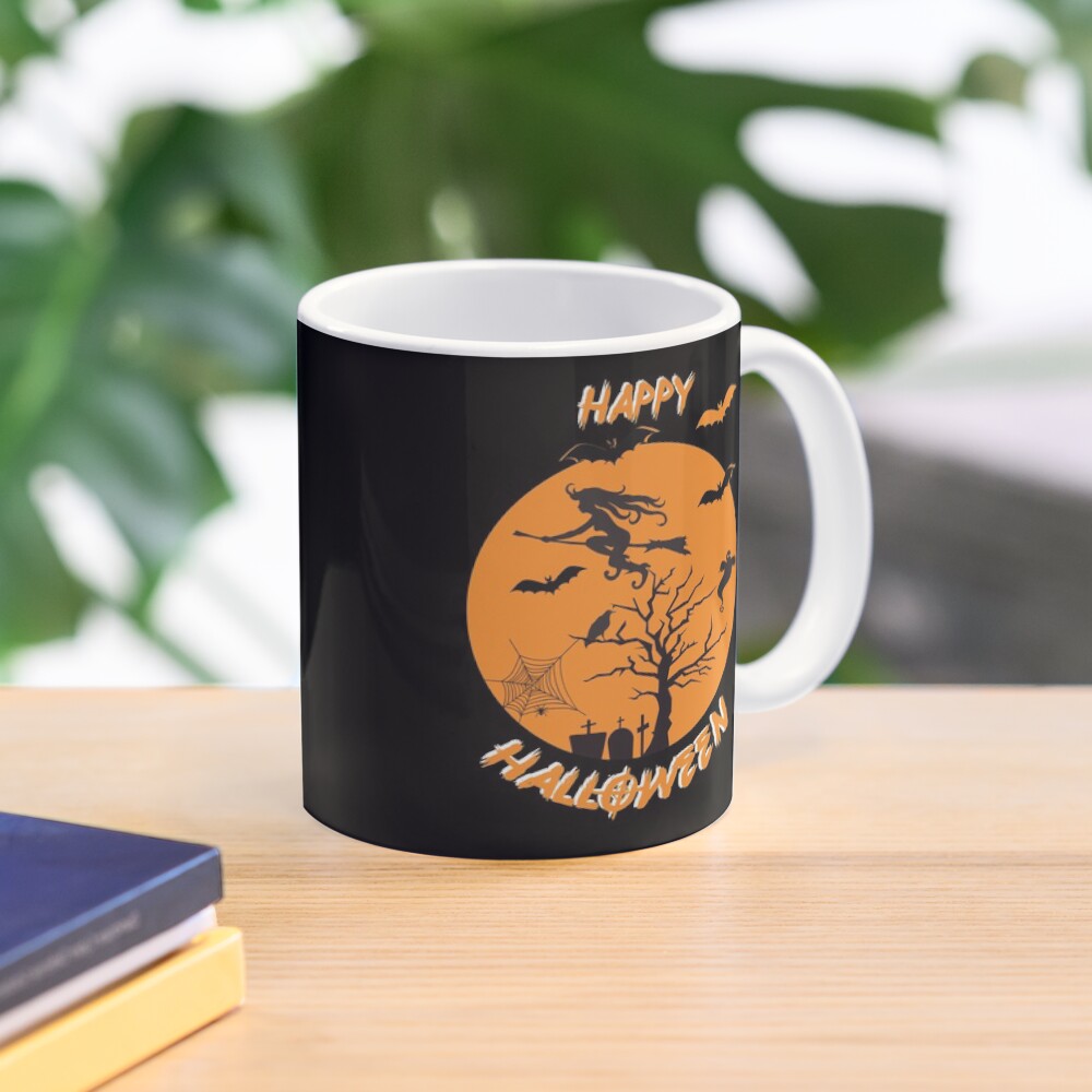 Moonlit Bat Cobweb Gravestone Ghost Spider Witch Broomstick. Mug