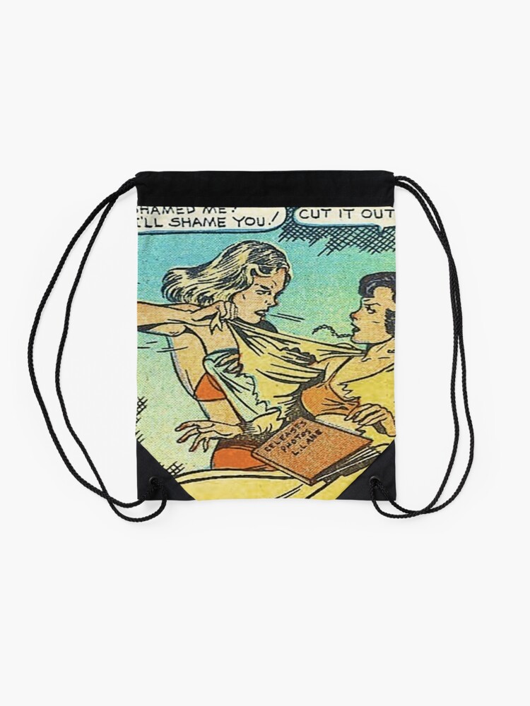 Alternate view of Vintage Comic Book Fighting Women Shame On You Old Comic Strip Pin-up Graphic Drawstring Bag