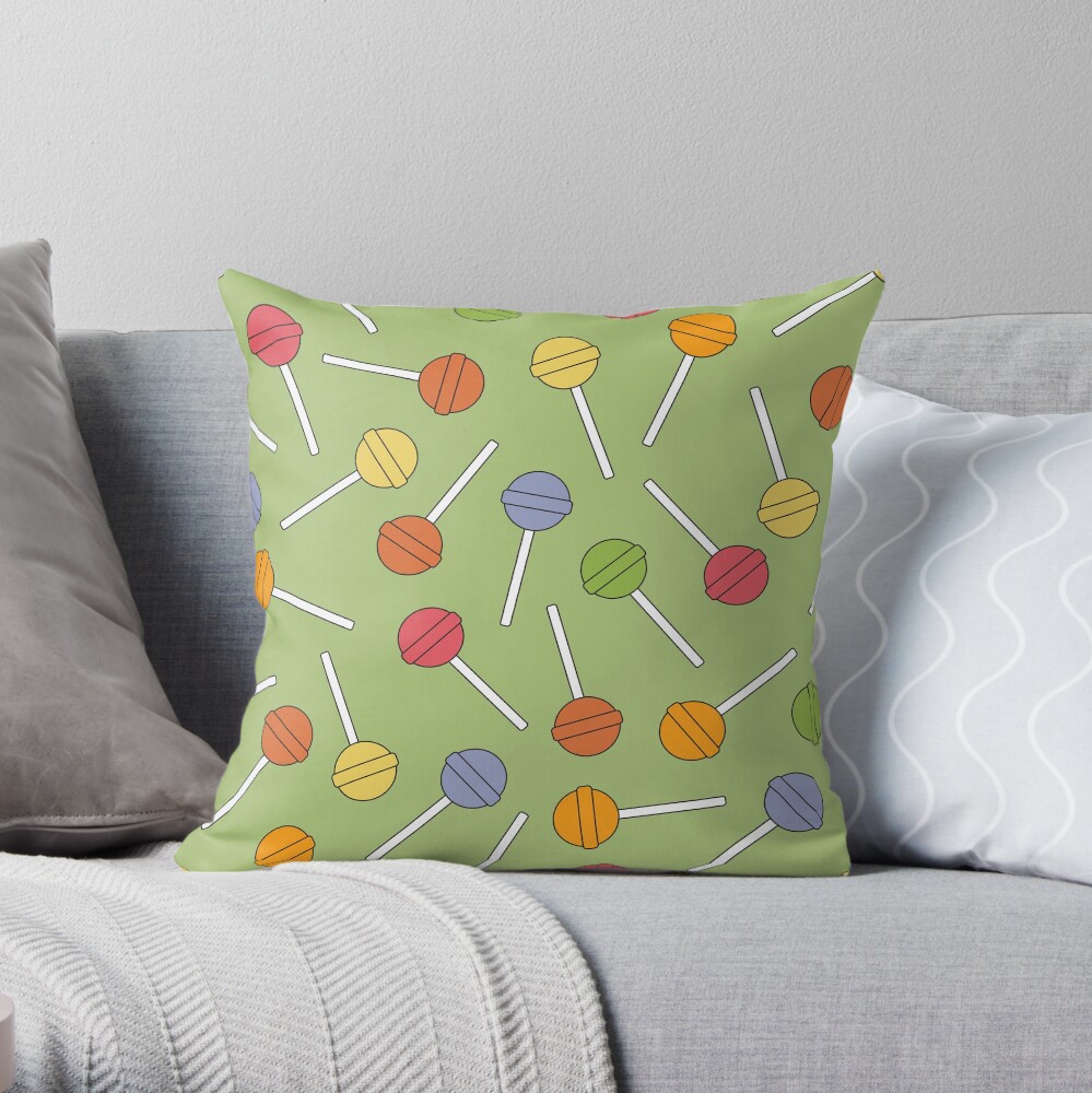 Happy Lollipops Sugar Candy - Green Background Throw Pillow