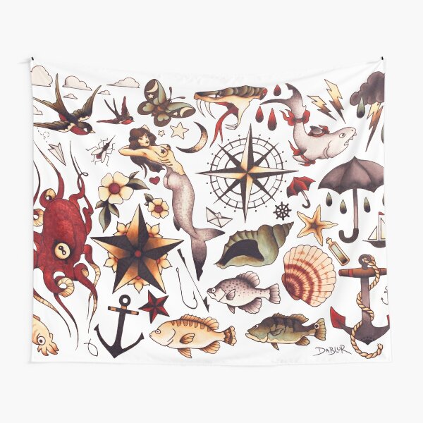 Traditional Nautical Tattoo Flash Tapestry For Sale By Dablurart