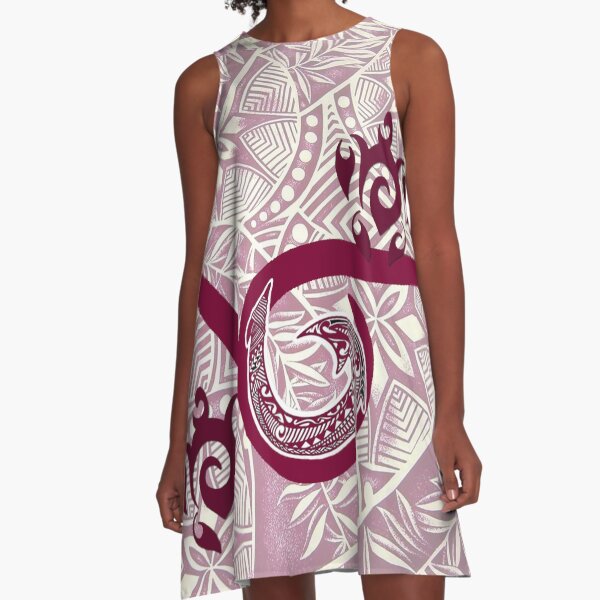 Hawaiian Tapa and Tribal Fish Hook A-Line Dress