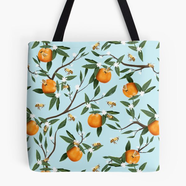 Item preview, Abejas, naranjas y flores - azul claro designed and sold by CoffeeandPixels.