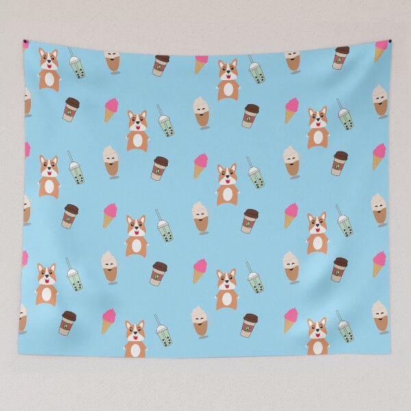 Item preview, welsh corgi dog with bubble tea, americano coffee, latte, and ice cream designed and sold by Ralph Hossepian.