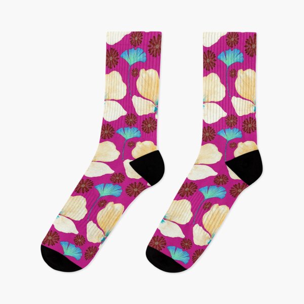 Item preview, botanical pattern yellow flower and gingko leaf in medium violet red designed and sold by AnnaBaldon.