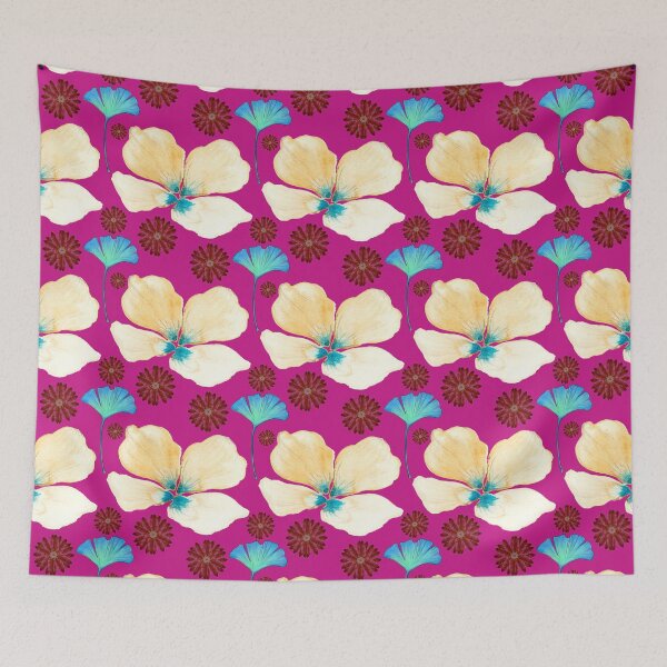 Item preview, botanical pattern yellow flower and gingko leaf in medium violet red designed and sold by AnnaBaldon.