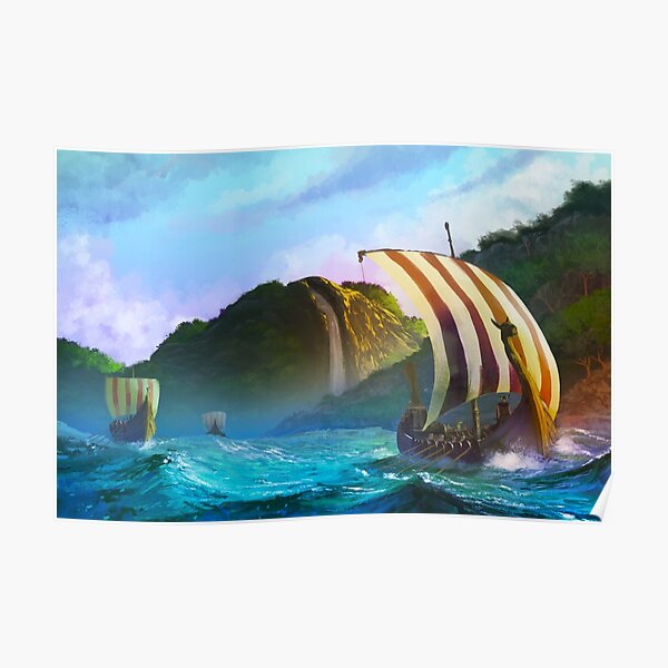 Viking Ships Sailing out to Sea Poster