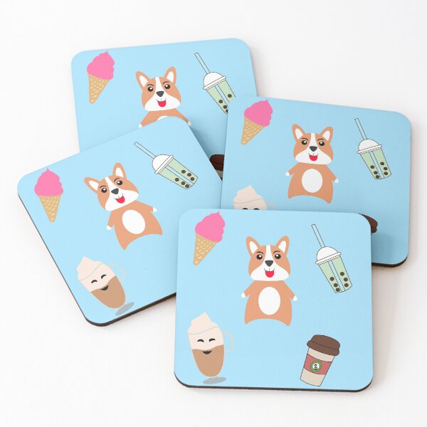 Item preview, welsh corgi dog with bubble tea, americano coffee, latte, and ice cream designed and sold by Ralph Hossepian.
