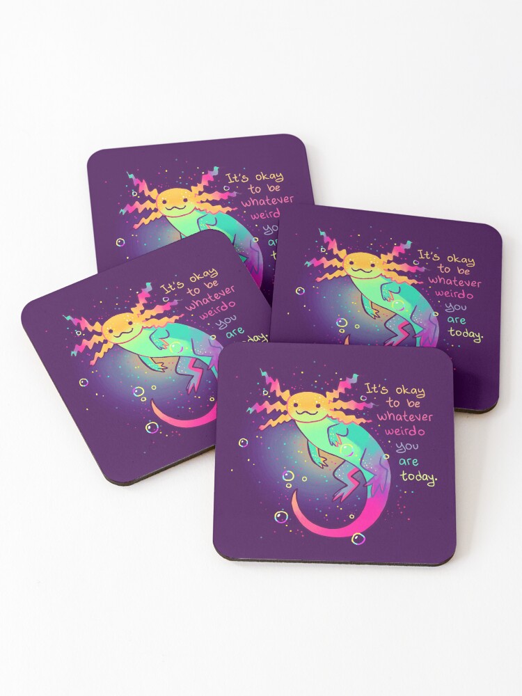Thumbnail 1 of 5, Coasters (Set of 4), "It's Okay to Be Whatever Weirdo You Are Today" Rainbow Axolotl designed and sold by thelatestkate.
