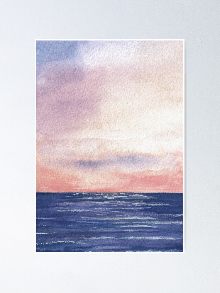 Pink And Purple Ocean Skies Watercolor Landscape Painting Poster By Sleiarts Redbubble