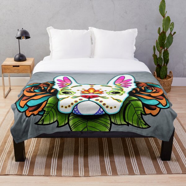 Day of the Dead French Bulldog in White Sugar Skull Dog Throw Blanket