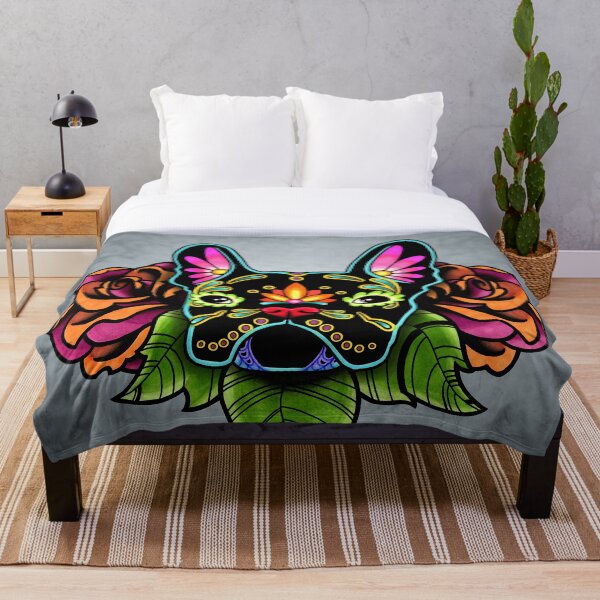 Day of the Dead French Bulldog in Black Sugar Skull Dog Throw Blanket