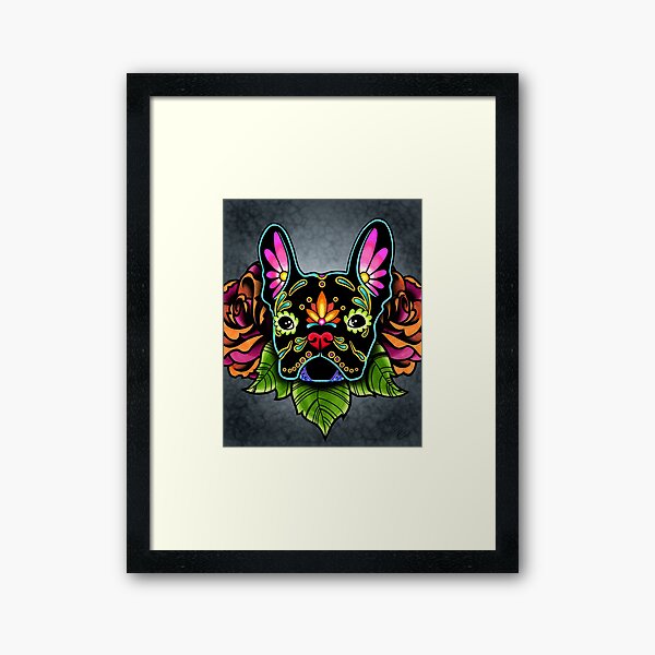 Artikel-Vorschau von Tag der Toten Französische Bulldogge in Schwarz Sugar Skull Hund, designt und verkauft von Pretty In Ink.