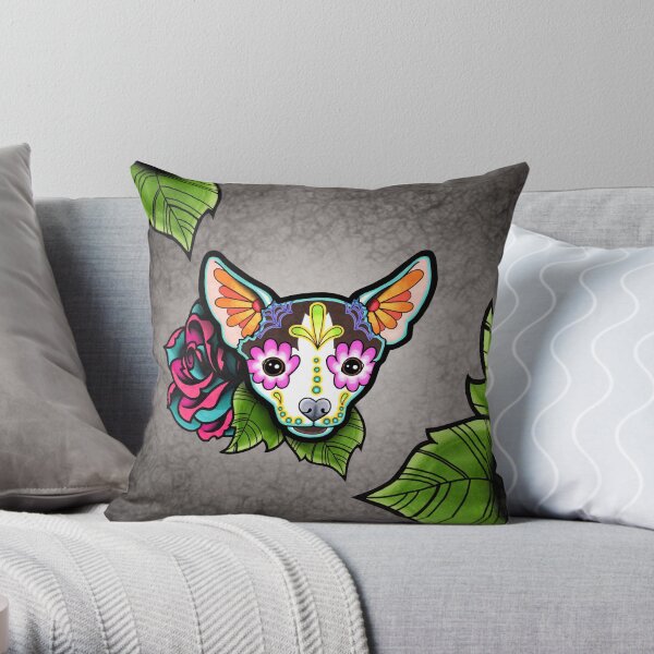 Day of the Dead Chihuahua in Moo Sugar Skull Dog Throw Pillow