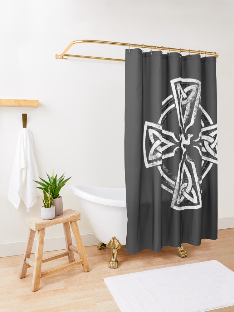 Alternate view of Celtic Cross Manx Cross 3 Legs Isle Of Man Gaelic Traditional Knots Shower Curtain