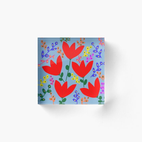 Stylized red tulip pattern on a blue background Acrylic Block