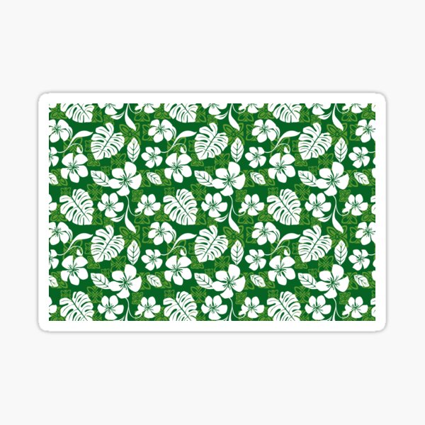 Green and White Hawaiian Flower Blooms and Tropical Leaves Pattern Sticker