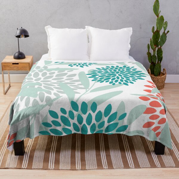 Item preview, Floral Leaves and Blooms Coral, Teal Green and White designed and sold by meggydesigns.
