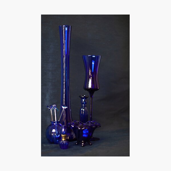 Collection of Blue Glass Vases_Vertical Photographic Print