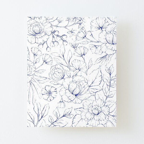 Modern hand drawn navy blue white elegant floral pattern Canvas Mounted Print