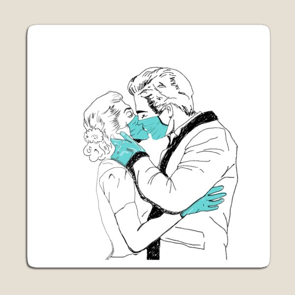 Item preview, Distant kiss, a sarcastic illustration for COVID 19 Poster, social distancing, coronavirus art, digital illustration, mask, gloves, designed and sold by Humri.