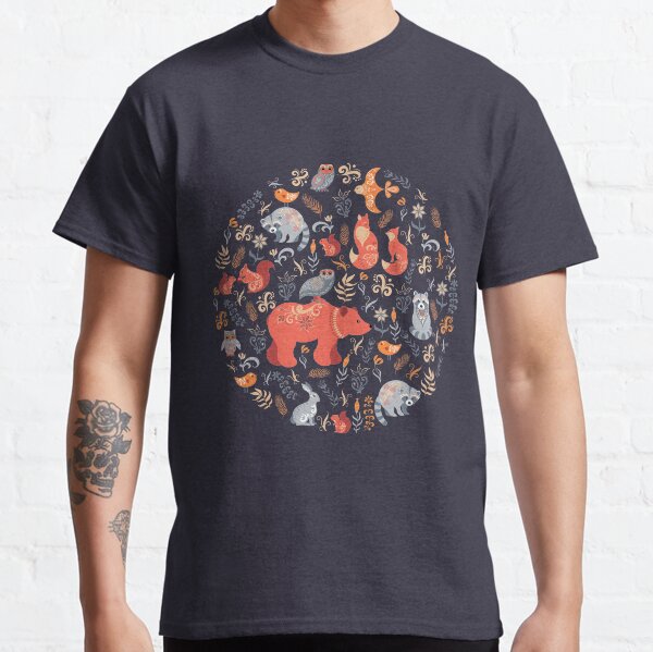 Fairy-tale forest. Fox, bear, raccoon, owls, rabbits, flowers and herbs. Circular ornament. Classic T-Shirt