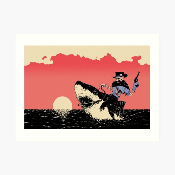 Cowboy riding shark rodeo style Art Print