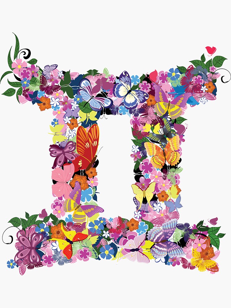 "Gemini Colourful Flowers and Butterfly Zodiac Star Sign" Sticker for