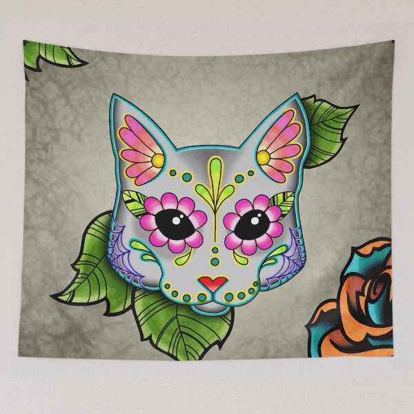 Item preview, Day of the Dead Cat in Grey Sugar Skull Kitty designed and sold by Pretty In Ink.