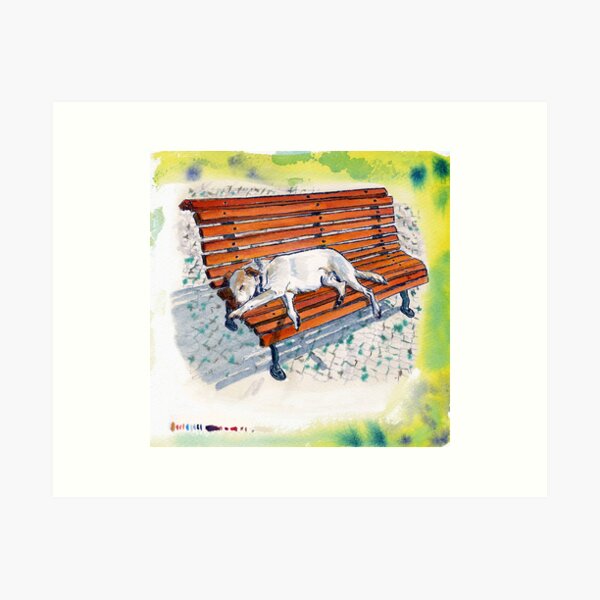 dog on bench Art Print