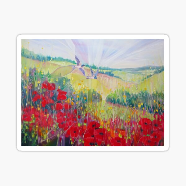Summer on the Downs, landscape with poppies and swallows. Sticker