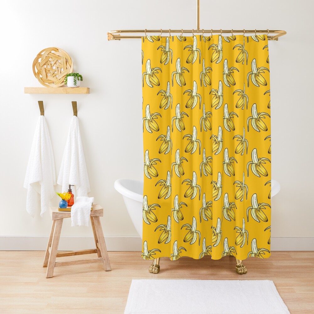 Tropical Banana Pattern on Yellow Shower Curtain