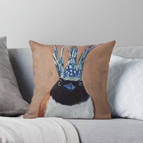 hand painted bird with crown.   Throw Pillow