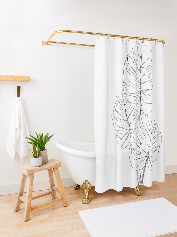 "Black and White Modern Minimalist Art Tropical Leaves" Shower Curtain