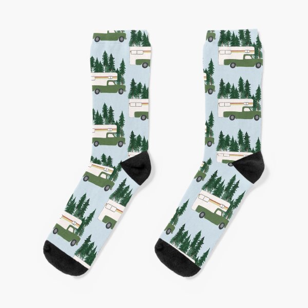 Vintage Truck Camper RV Motorhome Green Forest Socks