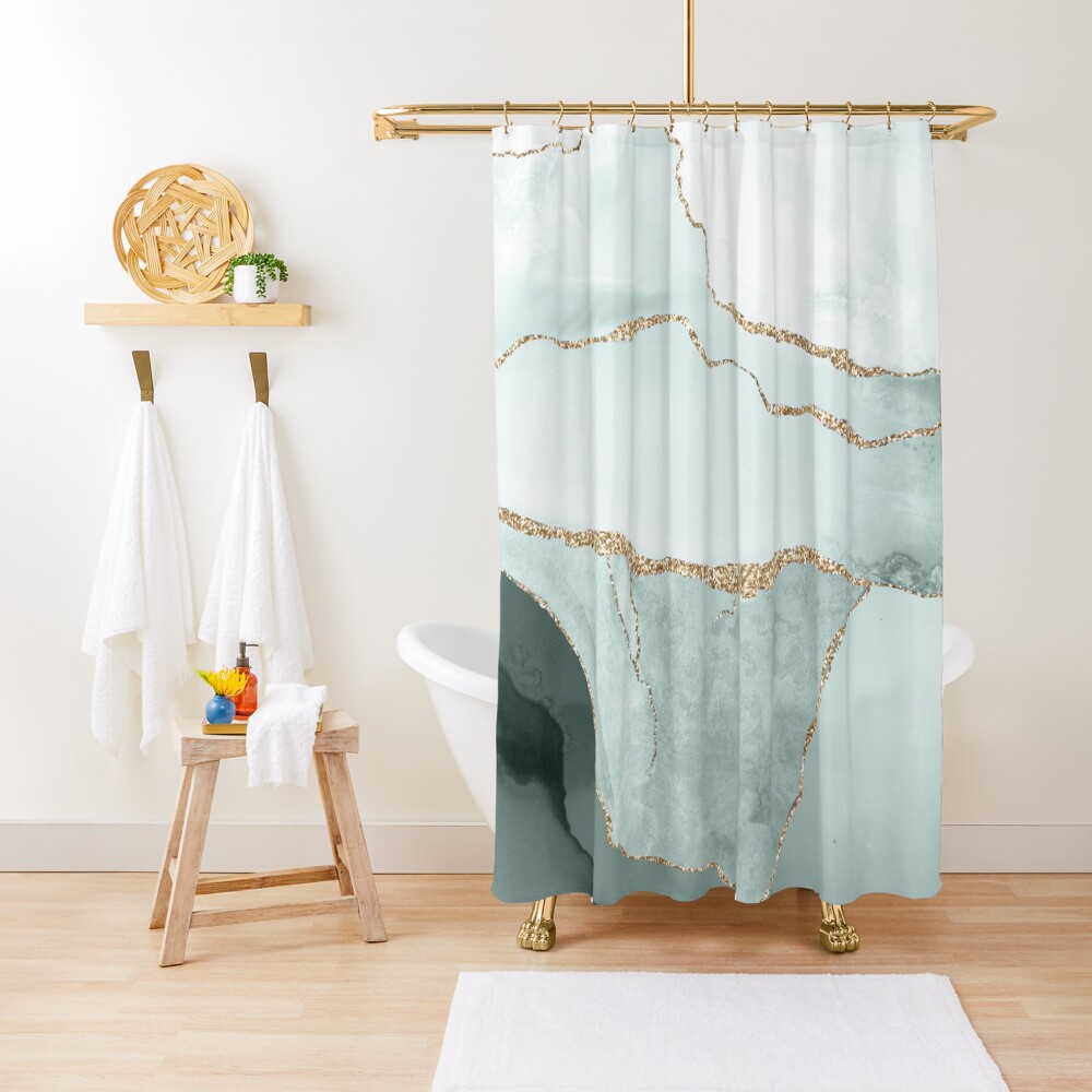 Watercolor Agate in Slate Green / Green Jade Faux Gold Veins Shower Curtain
