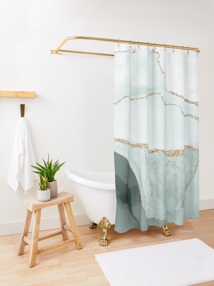 Alternate view of Watercolor Agate in Slate Green / Green Jade Faux Gold Veins Shower Curtain