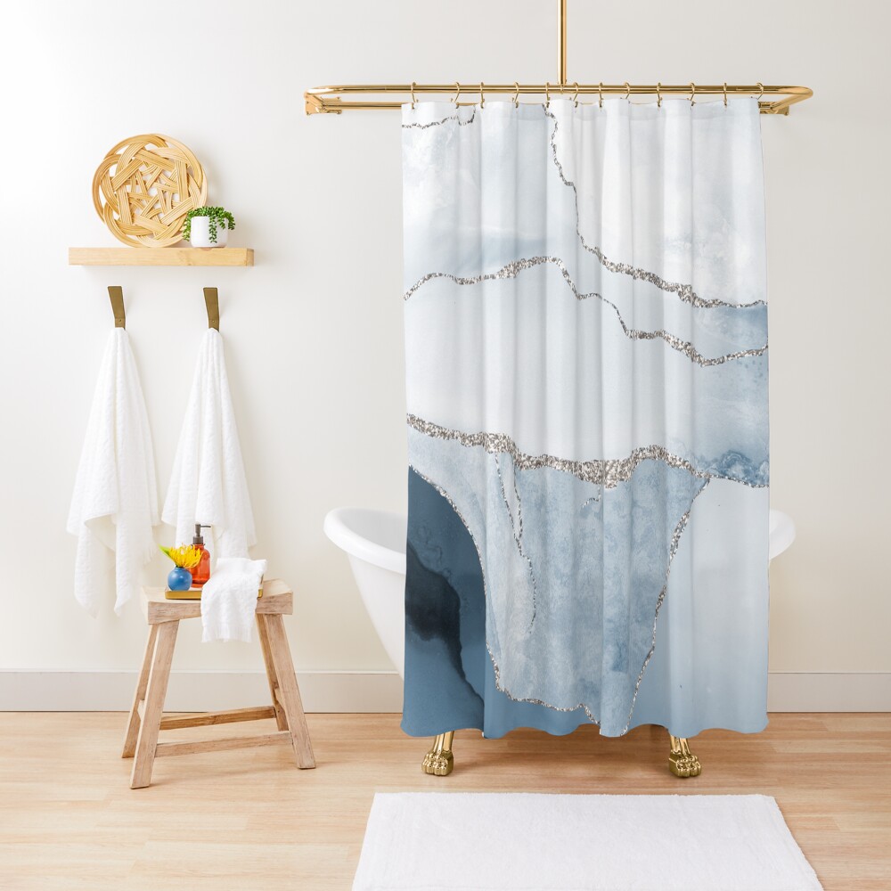 "Watercolor Agate in Slate Blue Faux Silver Veins" Shower Curtain for
