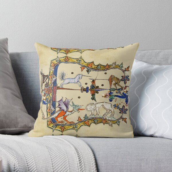WEIRD MEDIEVAL BESTIARY ,UNICORN FIGHTING MONKEY ,DRAGON AND LION Throw Pillow