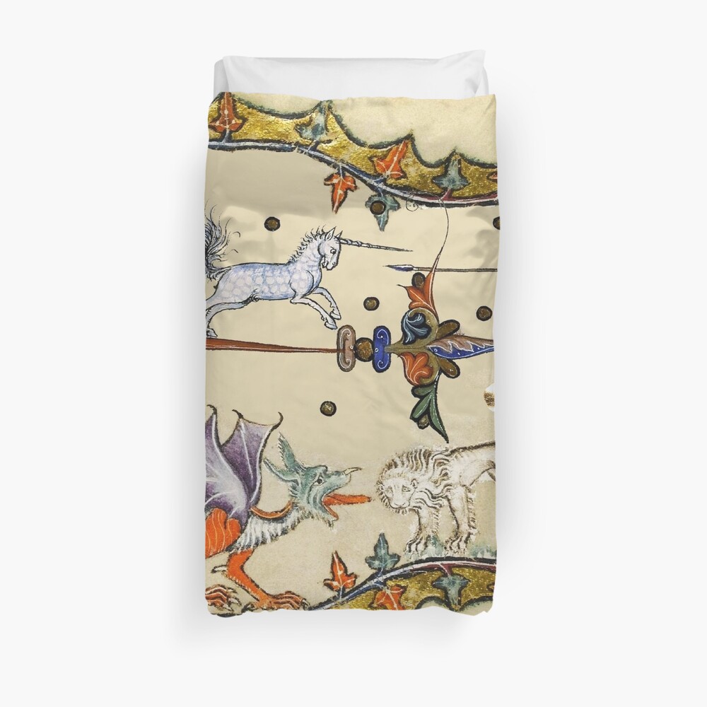 WEIRD MEDIEVAL BESTIARY ,UNICORN FIGHTING MONKEY ,DRAGON AND LION Duvet Cover
