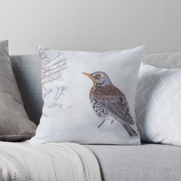 Fieldfare in the Snow Throw Pillow