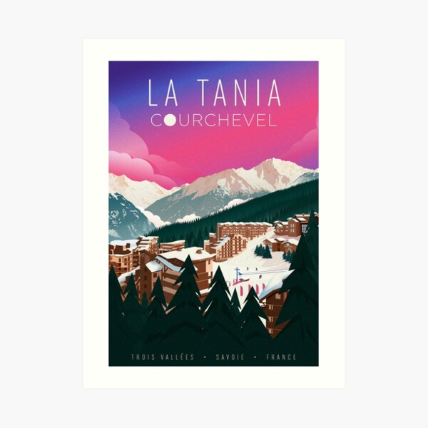 A travel poster of the ski resort La Tania, in the Trois Vallées, France. Art Print