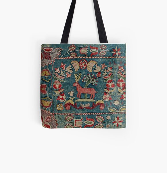 ANTIQUE RED BLUE SWEDISH TAPESTRY WITH DEERS AND FLOWERS All Over Print Tote Bag