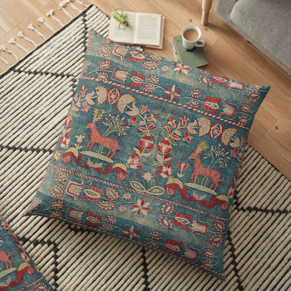 ANTIQUE RED BLUE SWEDISH TAPESTRY WITH DEERS AND FLOWERS Floor Pillow