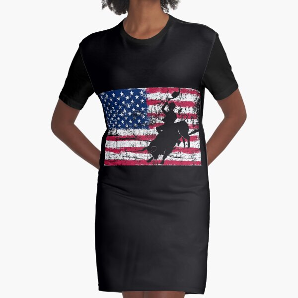 Bull Riding Rodeo Cowboy US Flag 4th Of July Distressed Gift Funny Gift For Dad, Mom, Wife, Girls & kids or Family. Graphic T-Shirt Dress