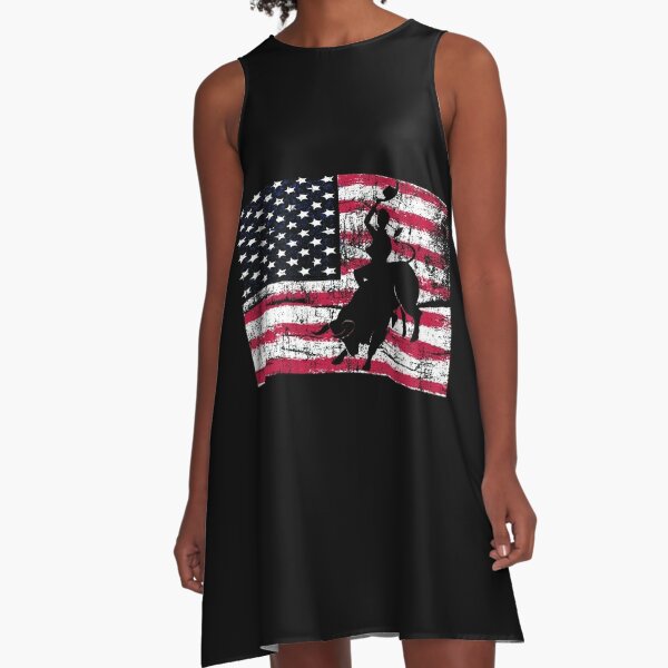 Bull Riding Rodeo Cowboy US Flag 4th Of July Distressed Gift Funny Gift For Dad, Mom, Wife, Girls & kids or Family. A-Line Dress