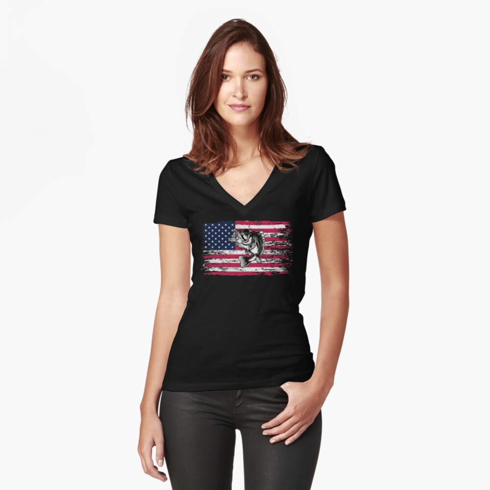  Womens USA Flag Patriotic Fish Logo with Hidden Fishing Words  V-Neck T-Shirt : Clothing, Shoes & Jewelry